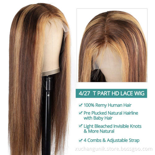 Uniky Blonde 30 Inch Long Straight Brown 4X4 Transparent Lace Highlighted Human Hair Wigs 10a Highlight Hair Full Wig